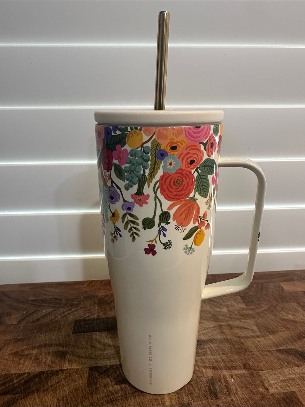 Rifle Paper CO and Corkcicle Floral Tumbler with Handle and Straw